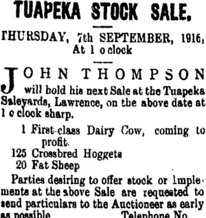 Page 2 Advertisements Column 1 (Tuapeka Times 30-8-1916)