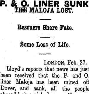 P. & O. LINER SUNK (Tuapeka Times 1-3-1916)
