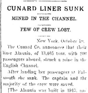 CUNARD LINER SUNK (Tuapeka Times 25-10-1916)