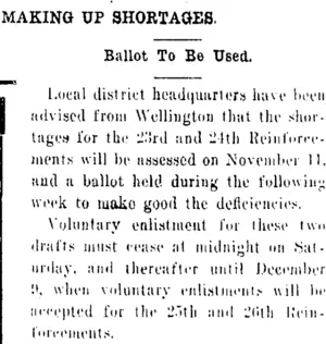 MAKING UP SHORTAGES. (Tuapeka Times 11-11-1916)