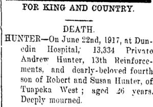FOR KING AND COUNTRY. (Tuapeka Times 23-6-1917)