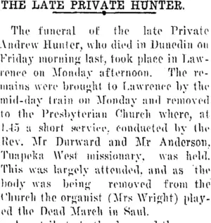 THE LATE PRIVATE HUNTER. (Tuapeka Times 27-6-1917)