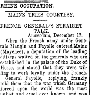 RHINE OCCUPATION. (Tuapeka Times 21-12-1918)