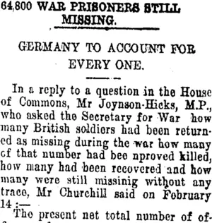 64,800 WAR PRISONERS STILL MISSING. (Tuapeka Times 26-4-1919)