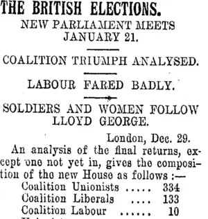 THE BRITISH ELECTIONS. (Tuapeka Times 4-1-1919)