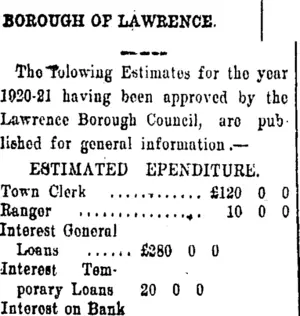 BOROUGH OF LAWRENCE. (Tuapeka Times 22-5-1920)
