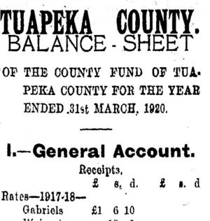 TUAPEKA COUNTY. (Tuapeka Times 19-6-1920)