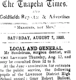 The Tuapeka Times. AND Goldfields Reporter & Advertiser "Measures, not Men." SATURDAY, AUGUST 7, 192... [truncated] (Tuapeka Times 7-8-1920)