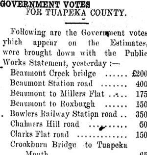 GOVERNMENT VOTES. (Tuapeka Times 23-10-1920)