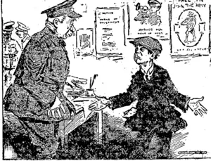 OUR OFFICE BOY, Archie (anxious to enlist, but rejected): "All right, General! Only, if the Kaiser licks yer, don't blame me!" (Wanganui Chronicle, 28 October 1915)