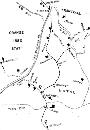 White Flags, ... ... ... ... – British positions  " Black Flags ... ... ... ... Boer positions.  From the above sketch it will be seen that the Boers hold the whole of Natal north of the Tugela with the exception of General White's position at Ladysmith. South of the Tugela the British have been forced to evacuate Colenso and the northernmost station is now at Estcourt. Fully 50 miles ot country occupied by Boers now intervene between General White and the next British post. __________^-——— (West Coast Times, 08 November 1899)