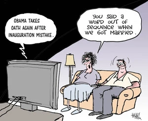 "Obama takes oath again after inauguration mistake." "You said a word out of sequence when we got married." 23 January 2009.