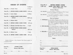 British Empire Games, Auckland, New Zealand, 1950 :Order of events ... [Official programme for Rowing. Monday, 6th February at Karapiro Lake, Cambridge. 1950. Pages 6 and 7].