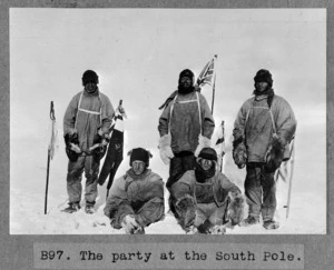 Members of the British Antarctic Expedition of 1910-1913 at the South Pole - Photograph taken by Henry Robertson Bowers
