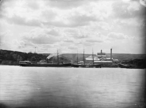Ships alongside the Colonial Sugar Company at Chelsea, Birkenhead, Auckland