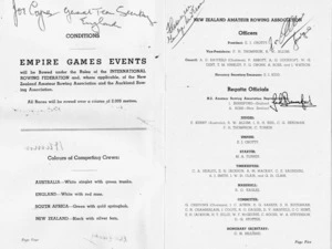 British Empire Games, Auckland, New Zealand, 1950 :Conditions, Empire Games Events. New Zealand Amateur Rowing Association Officer. Regatta officials. [Official programme for Rowing. Monday, 6th February at Karapiro Lake, Cambridge. 1950. Pages 4 and 5].