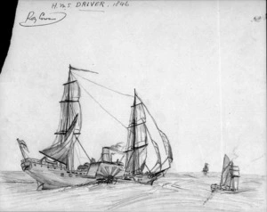 Profile drawing of the brig HMS Driver; with sketches of the vessel by Roy Cowan