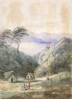 Tanner, Frances Mary, 1838?-1918 :[Wellington Harbour, with kainga. 1860s?]