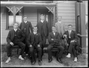 Unidentified group of young men outside a house, probably Christchurch district