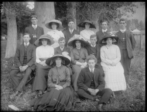 Unidentified group of young men and women, showing women wearing large picture hats, probably Christchurch district