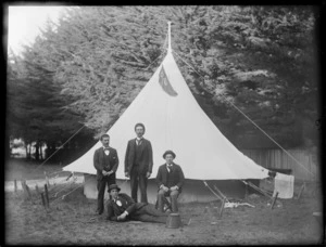 Group of unidentified men outside a tent, probably Christchurch district
