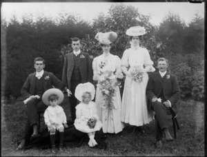 Unidentified wedding group, showing bride and groom, best man, maid of honour, flowergirl, page boy and [father of bride?], probably Christchurch district