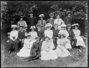 Group of unidentified young men and women, in an outdoor location, possibly Christchurch district