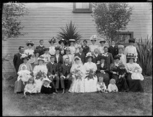 Large wedding group, showing unidentified men, women and children, possibly Christchurch district