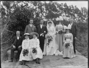 Unidentified wedding group, showing bride and groom, groomsmen, bridesmaids and flower girls, probably Christchurch district