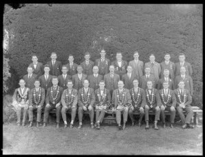 Group portrait of unidentified Freemason members, at an unidentified outdoor location, from Sydenham Lodge No 3440, probably Christchurch district