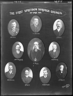 Photo montage of the members of The First Spreydon Borough Council, 20 Apr 1911, Spreydon, Christchurch