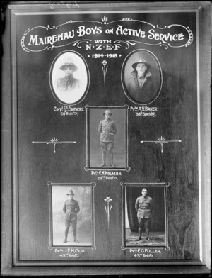 Photo montage of the Mairehau Boys On Active Service, with the New Zealand Expeditionary Force 1914-1918, Mairehau, Christchurch