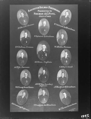 Photo montage of the Addington Railway Fire Brigade personnel, as presented to Foreman A C Fyfe, 11 July 1925, Addington, Christchurch