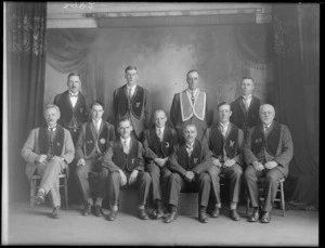 Studio portrait of unidentified members of a [Masonic?] lodge, probably Christchurch district
