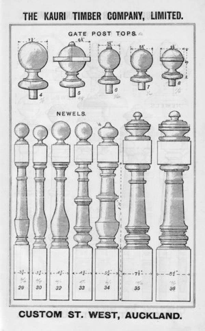 The Kauri Timber Company Ltd (Auckland Office) :Gate post tops, newels. [Catalogue page. ca 1906].