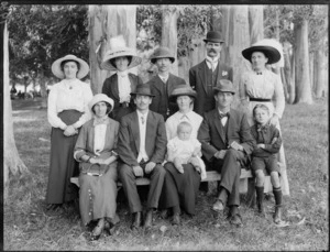 Group of unidentified men, women and children outdoors, probably Christchurch district