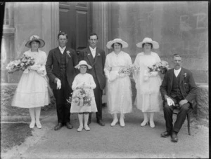 Unidentified wedding party circa 1920s outside St Paul's Presbyterian Church, Christchurch