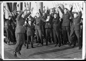 NZ airmen giving haka on arrival in Vacouver for training in the Empire Air Training Scheme