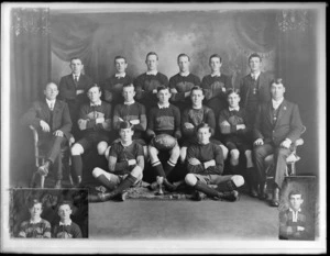 Linwood Rugby Football team, Christchurch, includes missing team members photographs at the bottom