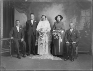 Studio portrait of an unidentified wedding group, probably Christchurch region