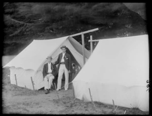 Two unidentified men taken outside their tents, probably Christchurch region
