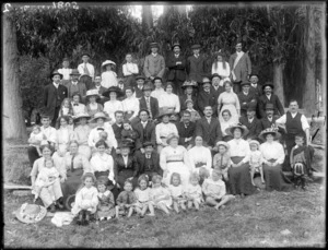 Large unidentified group outdoors, including children, probably Christchurch district
