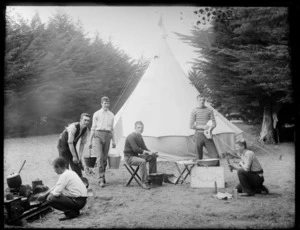 Unidentified men preparing food at their campsite, 'Daisy Camp', Christchurch