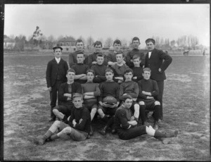 Rugby union football team, boys unidentified, at a park [or sportsground?], possibly Christchurch