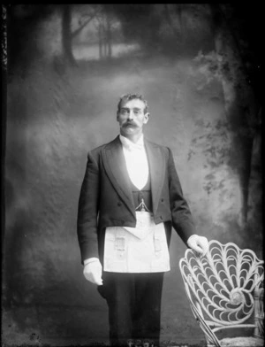 Studio portrait of an unidentified Freemason, wearing a Masonic apron, Christchurch