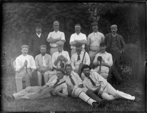 Men's cricket team, a group of unidentified men, with some wearing shin pads and some holding cricket bats, probably Christchurch district