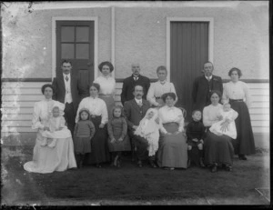 Group of unidentified men, women and children, in an outdoor location, possibly Christchurch district