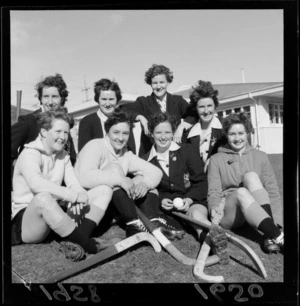 Unidentified group of young women hockey players at Karori Park, Wellington