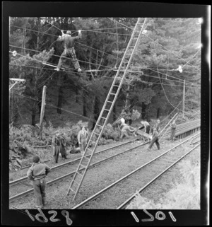 Workers attending to a tree that has fallen across the Paekakariki railway line, bringing down power lines