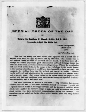 Special Order of the Day issued by General Wavell on the success of the 1st Libyan Offensive